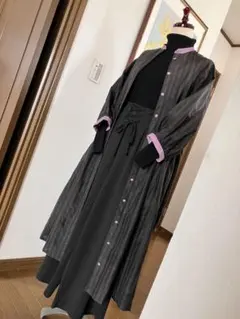 ハンドメイド紬古着物リメイク 黒と紫のストライプ コートドレス