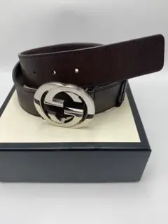 GUCCI グッチ ブラックインターロッキングG レザーベルト ダブルGロゴ