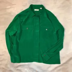 90s Liz Claiborne シルクシャツ 長袖 比翼 緑 XL 古着女子のサムネイル