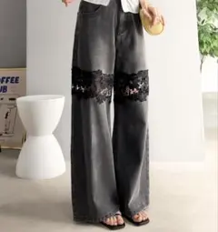 mily bilet レース切り替えワイドデニムパンツ