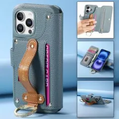 ブルー　iPhone16proMax用ケース 手帳型 小物入れ RFID磁気防止