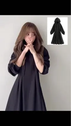 フード付きブラックロングカットソーワンピース