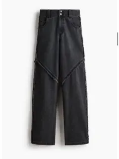 フリンジ付きブラックデニムパンツ　フレイドトリムデニム　グレー　42サイズ