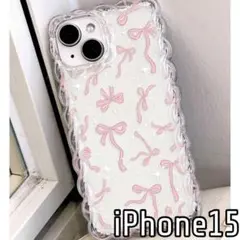 iPhone15 ケース ウェーブ クリア リボン ピンク 韓国