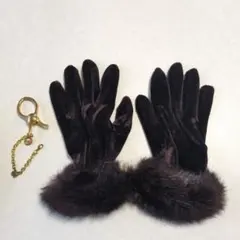 ダークブラウン ベルベット手袋 ファー付き　グローブホルダー付き