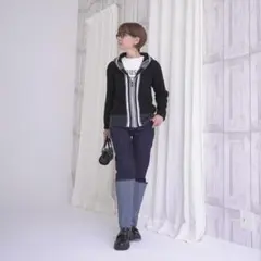 エムズ スタイル ジャガードニット ラインアクセント フーディーパーカー 黒M