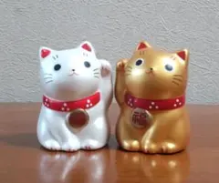 薬師堂　招き猫 置物 2体セット 黄色 白　金運　開運のサムネイル