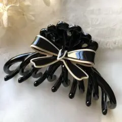 上品 リボン バンスクリップ ヘアクリップ ブラック 大きめ 高見え