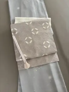 河村織物 手織り 紋綴れ 正絹 八寸名古屋帯 ピンクベージュ 七宝文様 美品