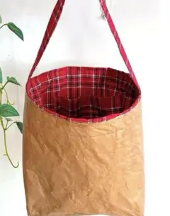 軽い　丈夫　可愛い！柿渋　米袋　赤チェック　内布付　ワンショルダー　ハンドメイド