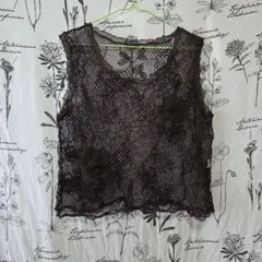 631 ダークブラウン メッシュ編み ノースリーブ トップス