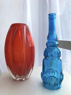 ビビッドカラーのガラス花瓶2個set H=29cm レトロ カフェ 昭和 古道具