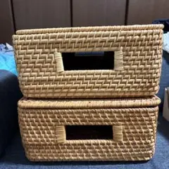 無印良品　ラタン　かご　2個セット　正方形　フタ　重なる　バスケット