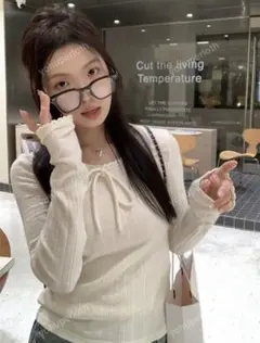 SHEIN リボン付きホワイトリブニット長袖