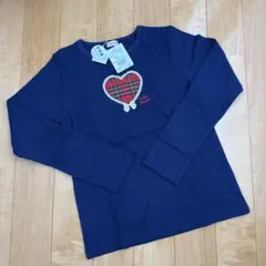 【新品タグ付】ミキハウス ハート チェック ワッペン 長袖 Tシャツ 150 紺
