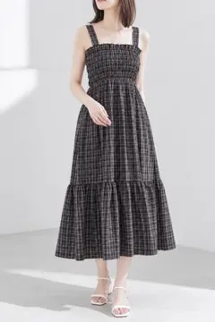 Honeys colzaシリーズ　ブラックチェック柄シャーリングキャミワンピース