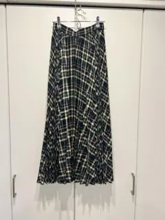 プリーツロングスカート ネイビー・イエロー チェック柄