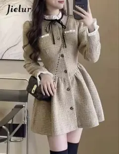 ツイードワンピース リボン フリル 韓国