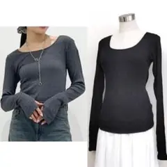 【未使用】12分袖リブTシャツ　吸湿発熱　Mサイズ　黒　ヒートテック