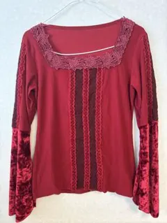 ゴシック風 レース切替 ベロア袖 スリット入り トップス ワインレッド Y2K