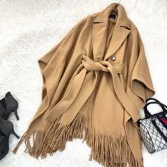 ピンコ フリンジポンチョコート ベルト付き ビックシルエット ダブル キャメル