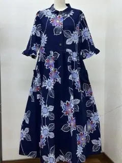 着物リメイク　浴衣ワンピース　前ボタン　 Lサイズ