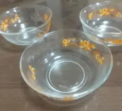 レトロ　ガラスボウル3個セット　オレンジ花柄　新品・未使用