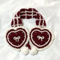 ハンドメイド　編み物　イヤーマフ　耳当て　ワインレッド　リボン　かぎ針編み