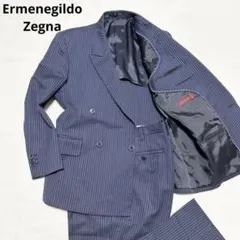 ゼニア Zegna 御幸毛織 ダブル スーツ ストライプ 濃紺 M相当