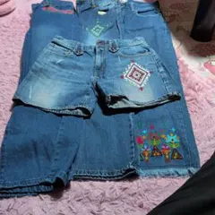 刺繍入りデニム3枚ショートパンツセット