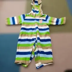 フリース ストライプロンパース フード付き