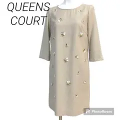 クイーンズコート　ビーズ装飾 ベージュ 七部袖 膝上 ワンピース S クリスマス