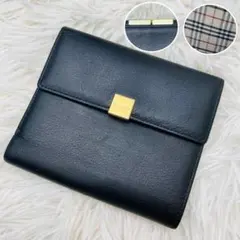 【良品】 バーバリー　がま口 ノバチェック　折り財布名刺　ロゴプレート レザー