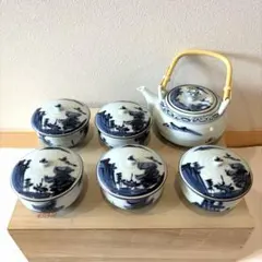 （木箱入り未使用品）染付 山水画 茶器セット 急須 蓋付き湯呑み 5客　有田焼