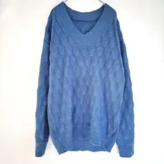★Vネック編み模様セーター ブルー オーバーサイズ チュニック ニット ゆったり