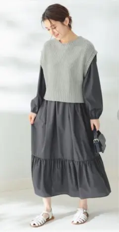 ビーミング by ビームス/ティアードワンピース＆ニットベスト2点セット/グレー