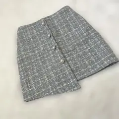 シェリミー ツイードミニスカート 青 金 パールボタン F 上品 きれいめ 美品