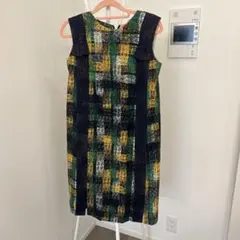 Seta Ichiro緑と黄色のノースリーブひざ丈ワンピース