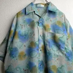 古着 レトロ シャツ 開襟 オープンカラーシャツ 総柄 柄シャツ 半袖