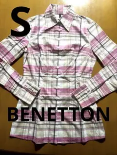 売り切り！BENETTON ベネトン ピンク系 チェック柄 長袖シャツ Sのサムネイル