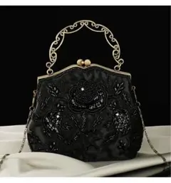 黒 サテン ビーズ刺繍 パーティーバッグ