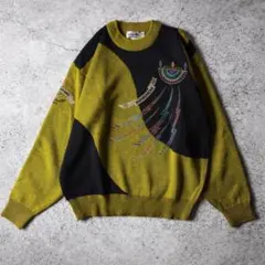 90sオールド 幾何学的アート刺繍　レトロ　アクリルデザインニットセーター
