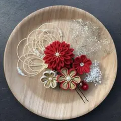 つまみ細工&水引髪飾り⭐︎卒業式✴︎成人式⭐︎No.76⭐︎濃赤&ベージュ系