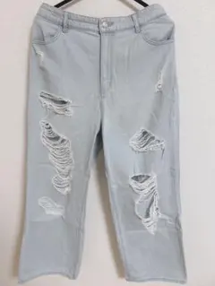 ライトブルーダメージ加工ワイドレッグデニムパンツ