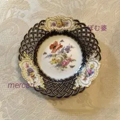 【古マイセン】コバルト 金彩 透かし／皿 プレート「フラワーブーケと昆虫」② 古マイセン】コバルト 金彩 透かし／皿 プレート「フラワーブーケと