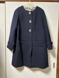 新品タグ付クインズコート5サイズ　ネイビー ロングコート ビジューフラワーボタン