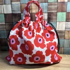 北欧風　花柄　持ち手付き巾着袋