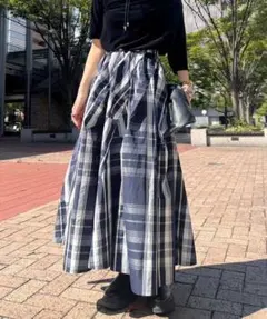 Curensology チェックティアードスカート ブルー ロングスカート 38