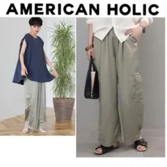 A287【美品】アメリカンホリック　サテンベイカーパンツ　カーキ　M ワイド光沢