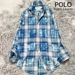 ラルフローレン　現行タグ　リネンライク　チェックド シャツ　ポニー　L相当　美品